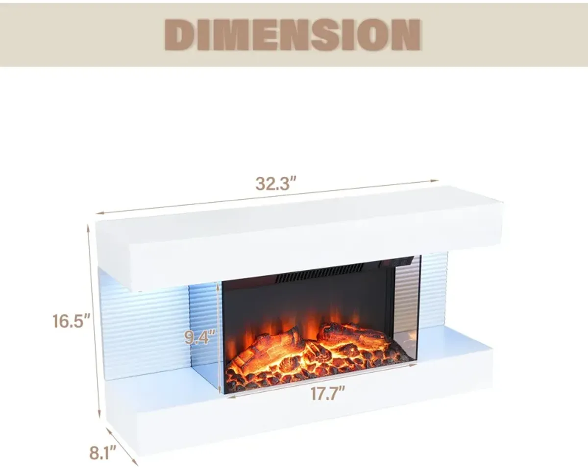 32 in. Wall Mounted Hanging Electric Fireplace with Remote Control in White