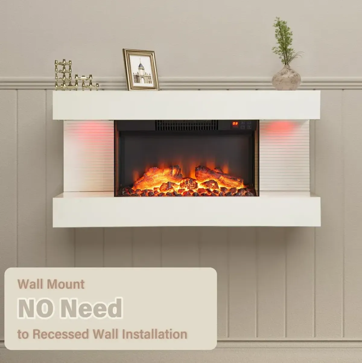 32 in. Wall Mounted Hanging Electric Fireplace with Remote Control in White