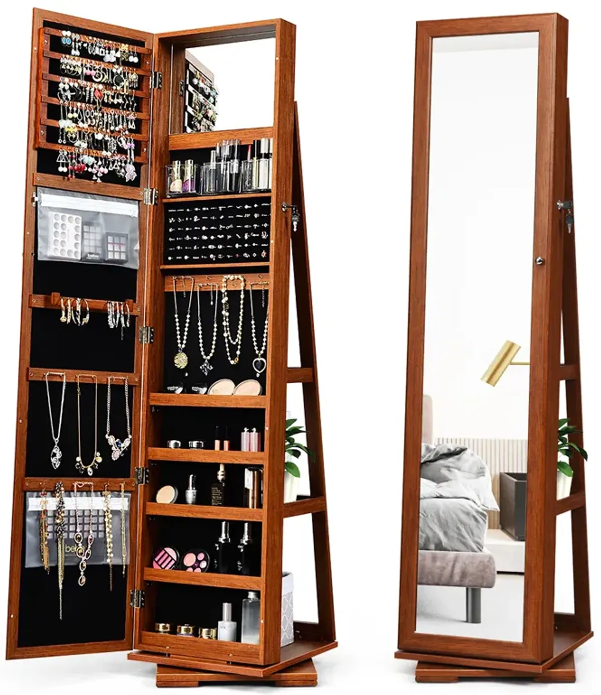 360° Rotatable 2-in-1 Lockable Jewelry Cabinet with Full-Length Mirror