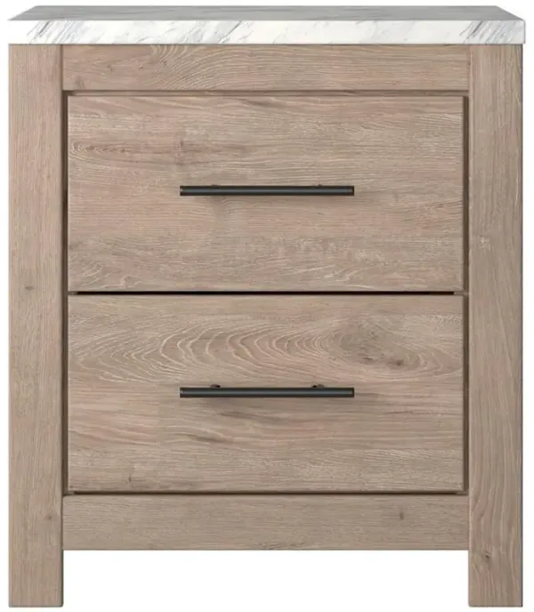 Finley 25 Inch Rustic Wood Nightstand, 2 Drawer, Marble Top, Gray, White-Benzara