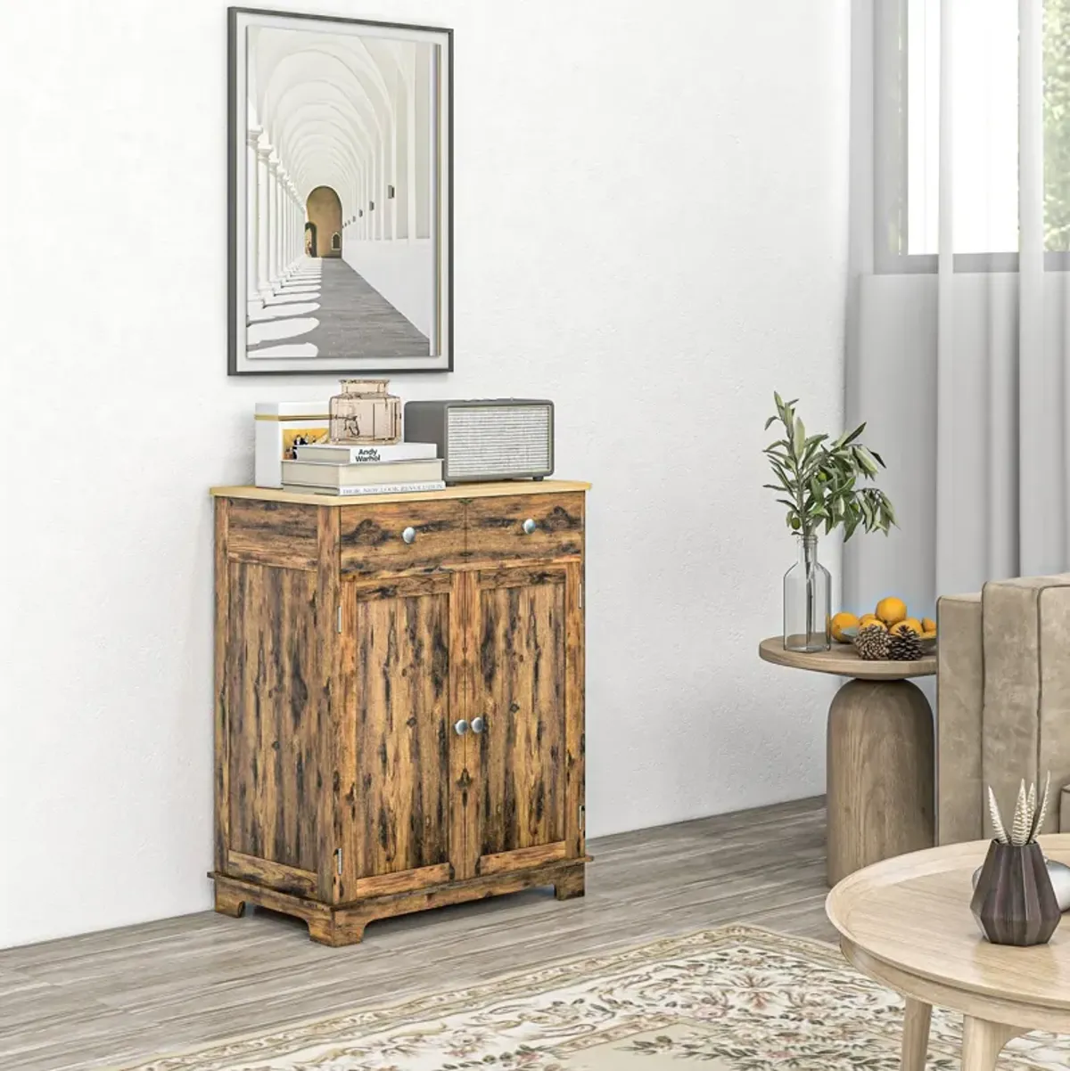Brown Sideboard Cabinet: Wood Top, Adjustable Shelf
