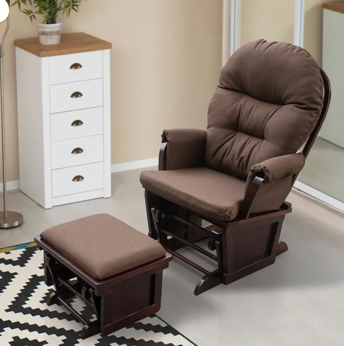 Brown Nursery Comfort: Glider Rocking Chair with Ottoman