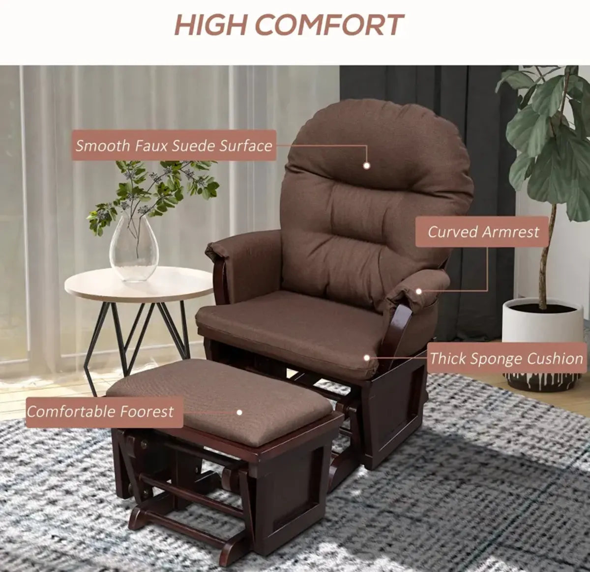 Brown Nursery Comfort: Glider Rocking Chair with Ottoman