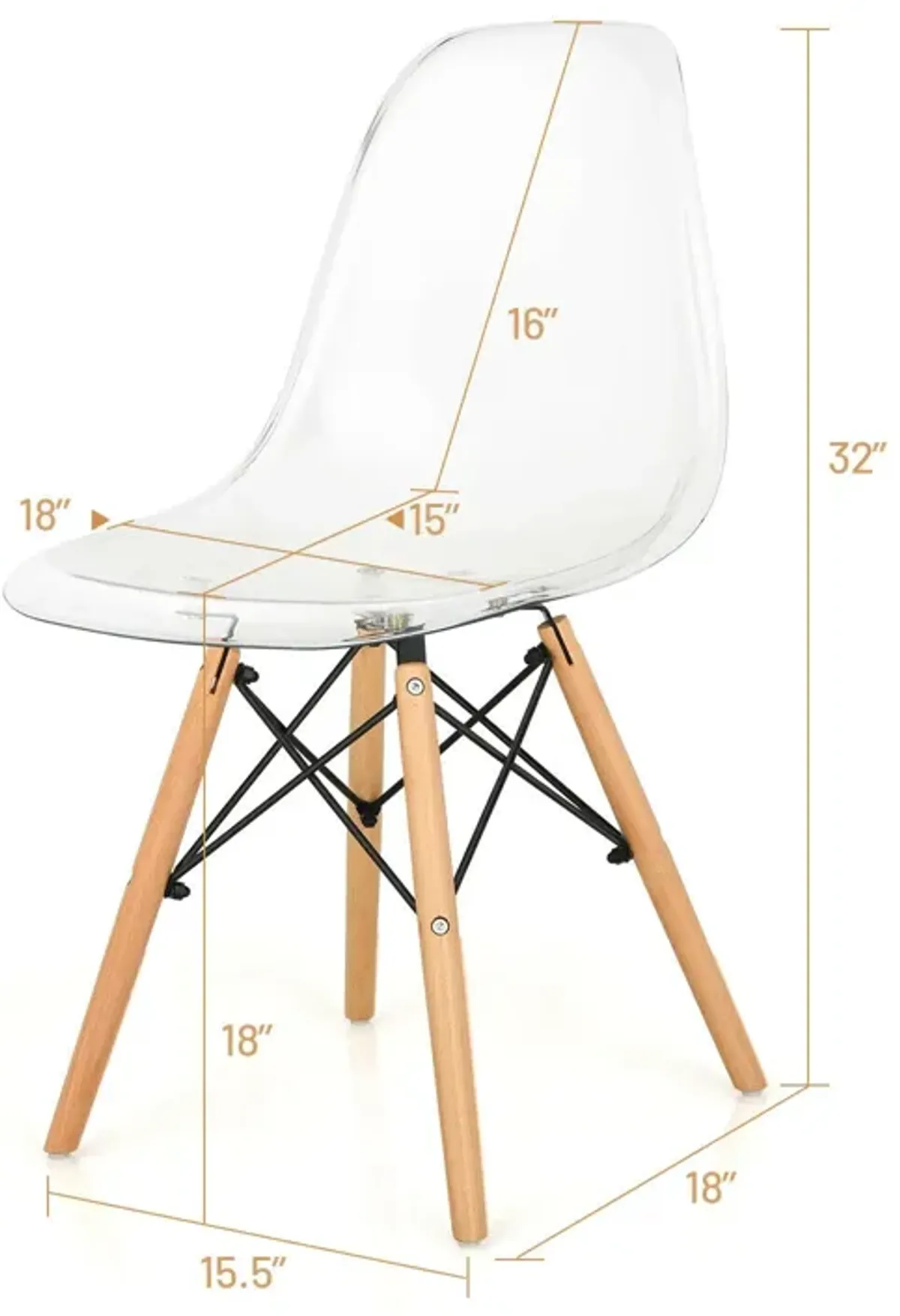 Set of 4 Dining Chairs Modern Plastic Shell Side Chair with Clear Seat and Wood Legs-Transparent