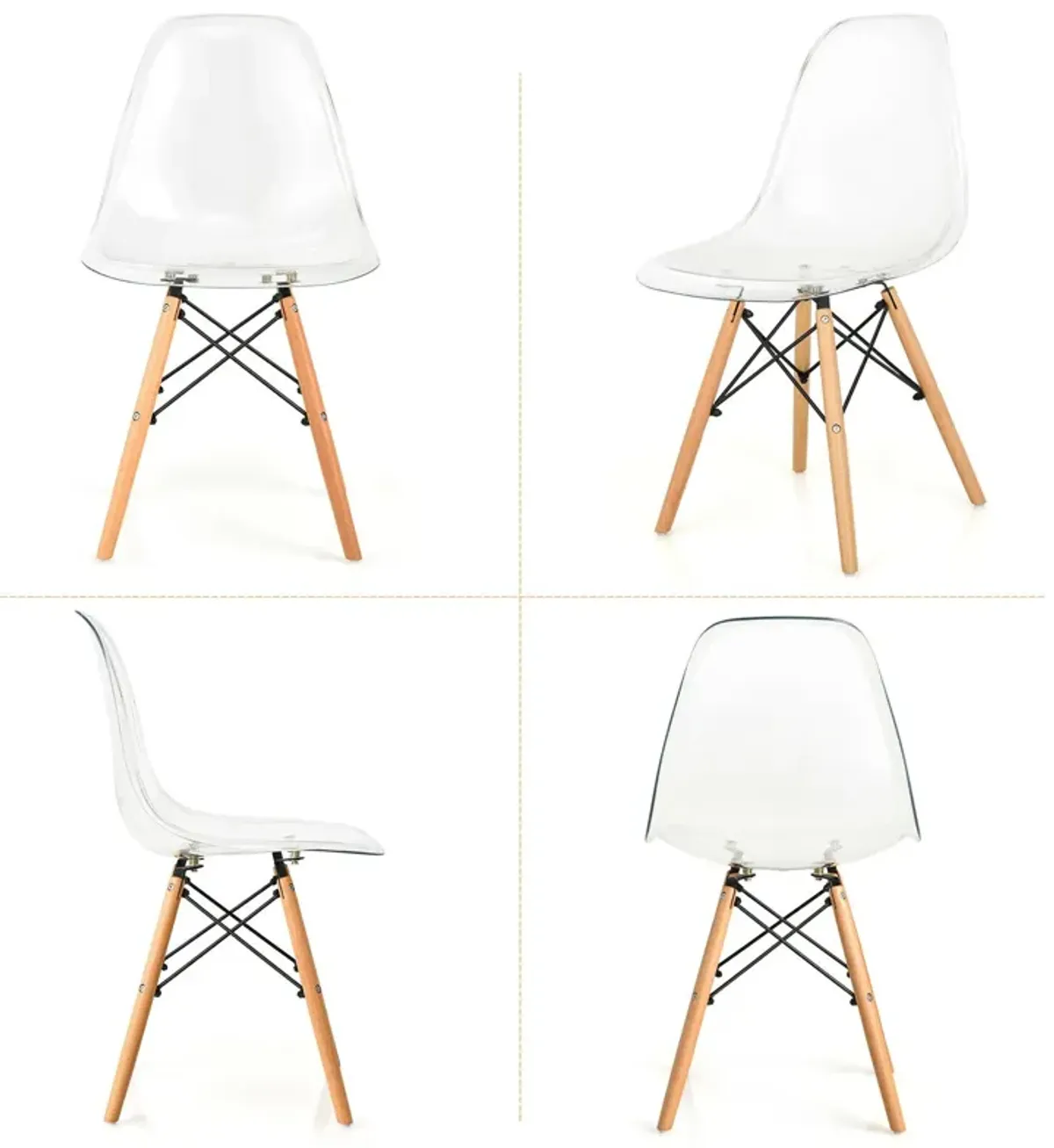 Set of 4 Dining Chairs Modern Plastic Shell Side Chair with Clear Seat and Wood Legs-Transparent