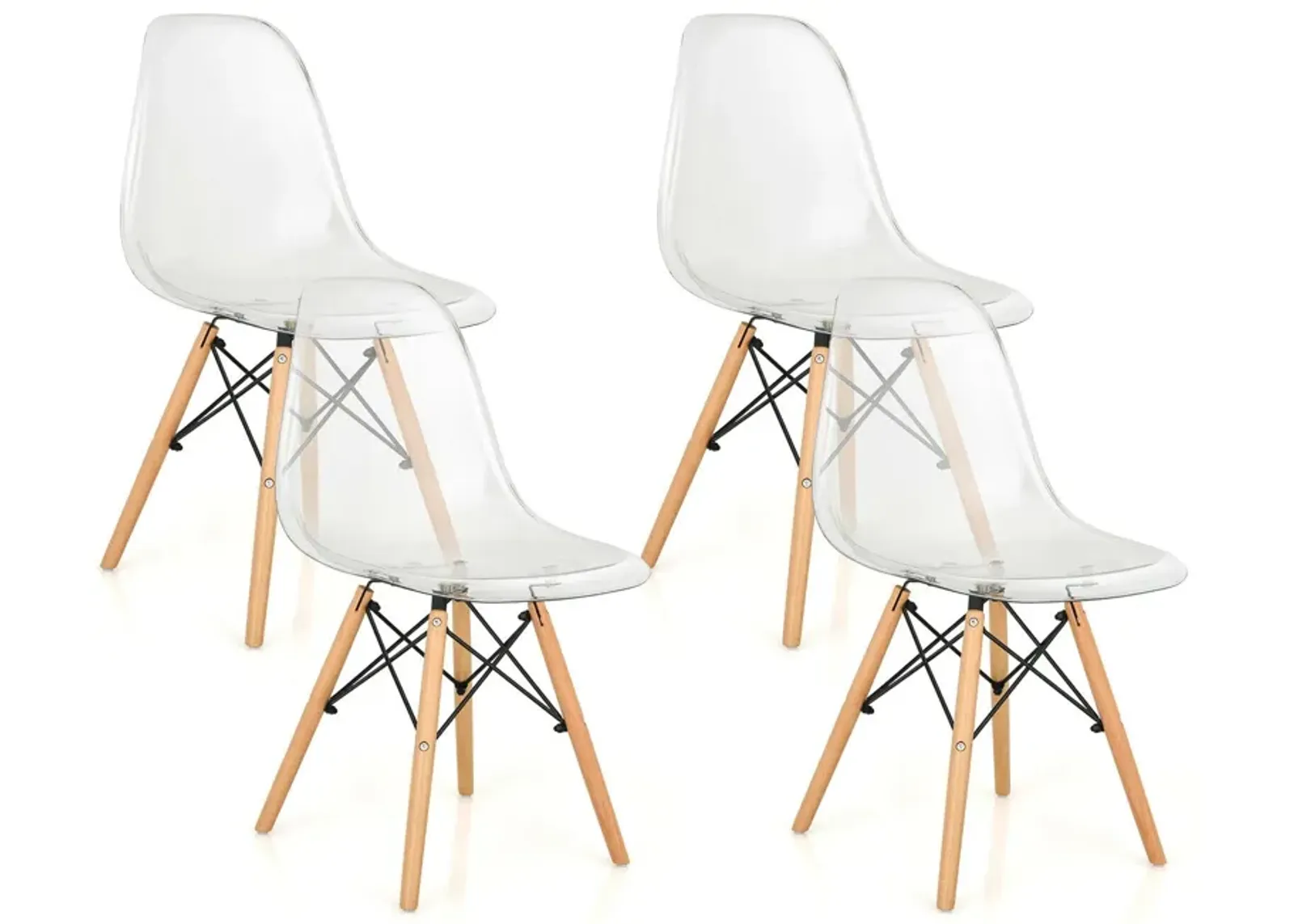 Set of 4 Dining Chairs Modern Plastic Shell Side Chair with Clear Seat and Wood Legs-Transparent