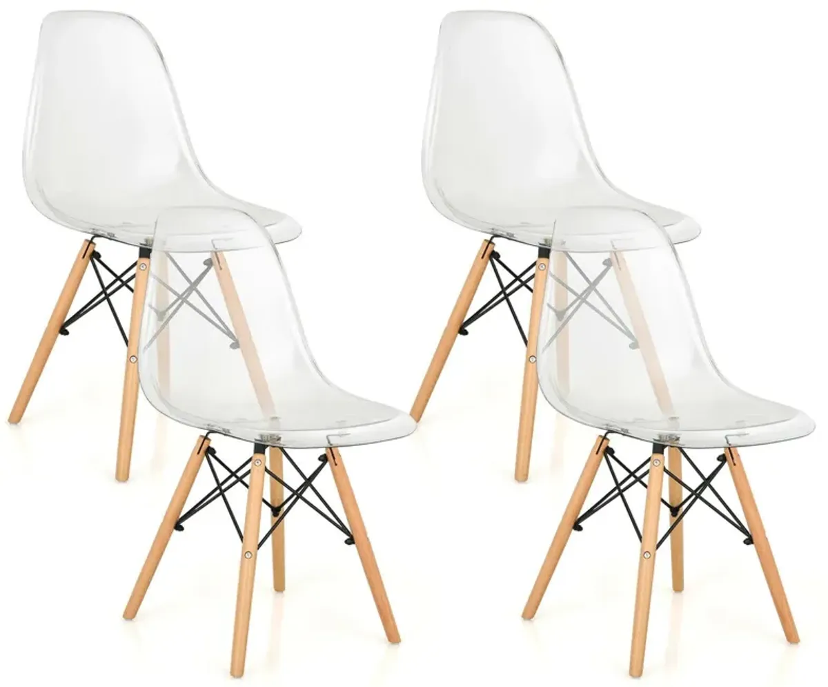 Set of 4 Dining Chairs Modern Plastic Shell Side Chair with Clear Seat and Wood Legs-Transparent