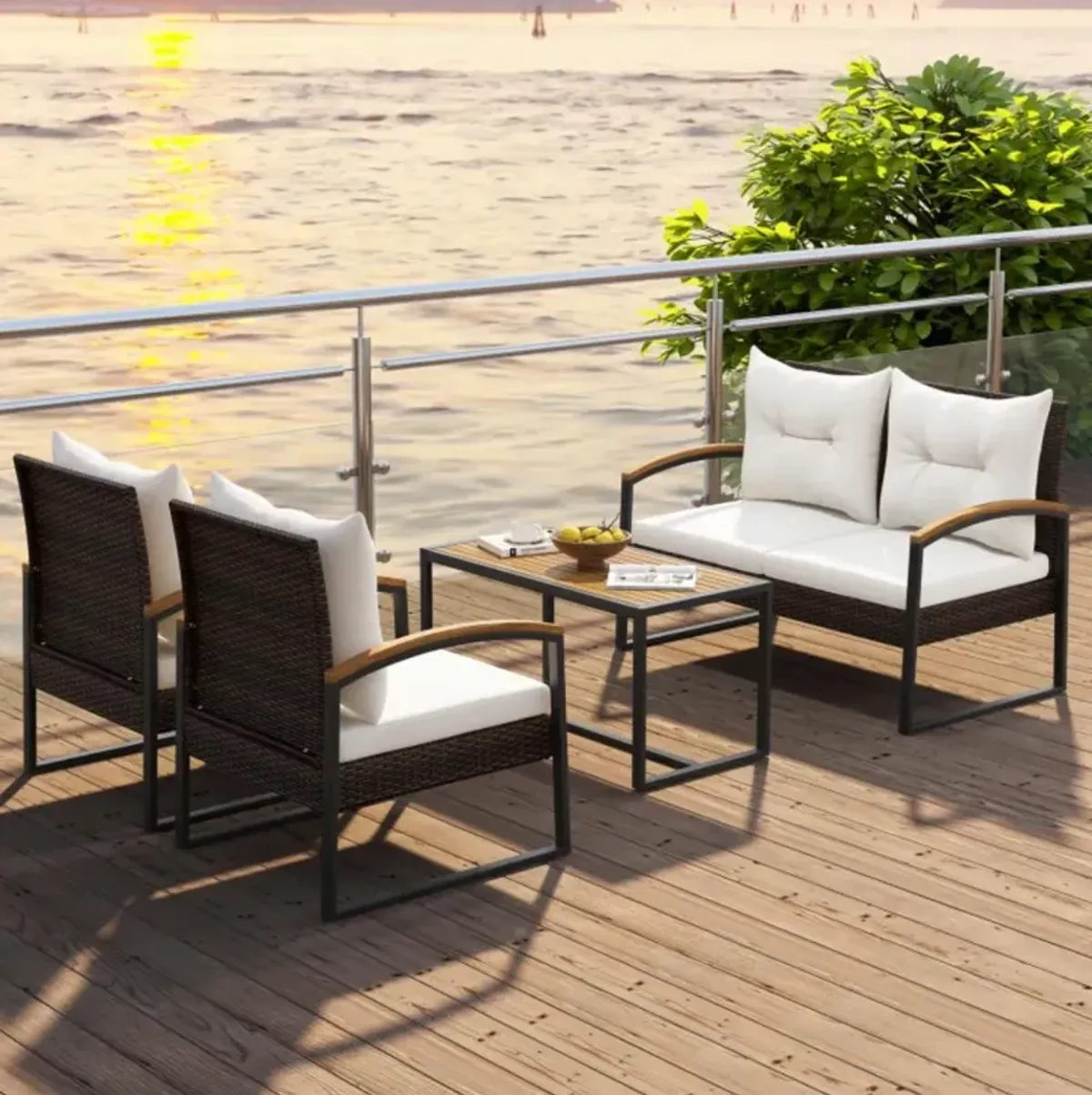 Hivvago 4 Pieces Patio Conversation Set with Acacia Wood Armrests and Tabletop and Cushions