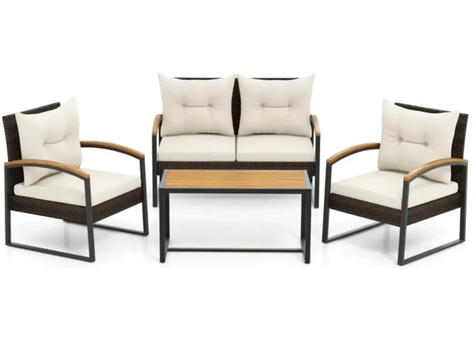 Hivvago 4 Pieces Patio Conversation Set with Acacia Wood Armrests and Tabletop and Cushions