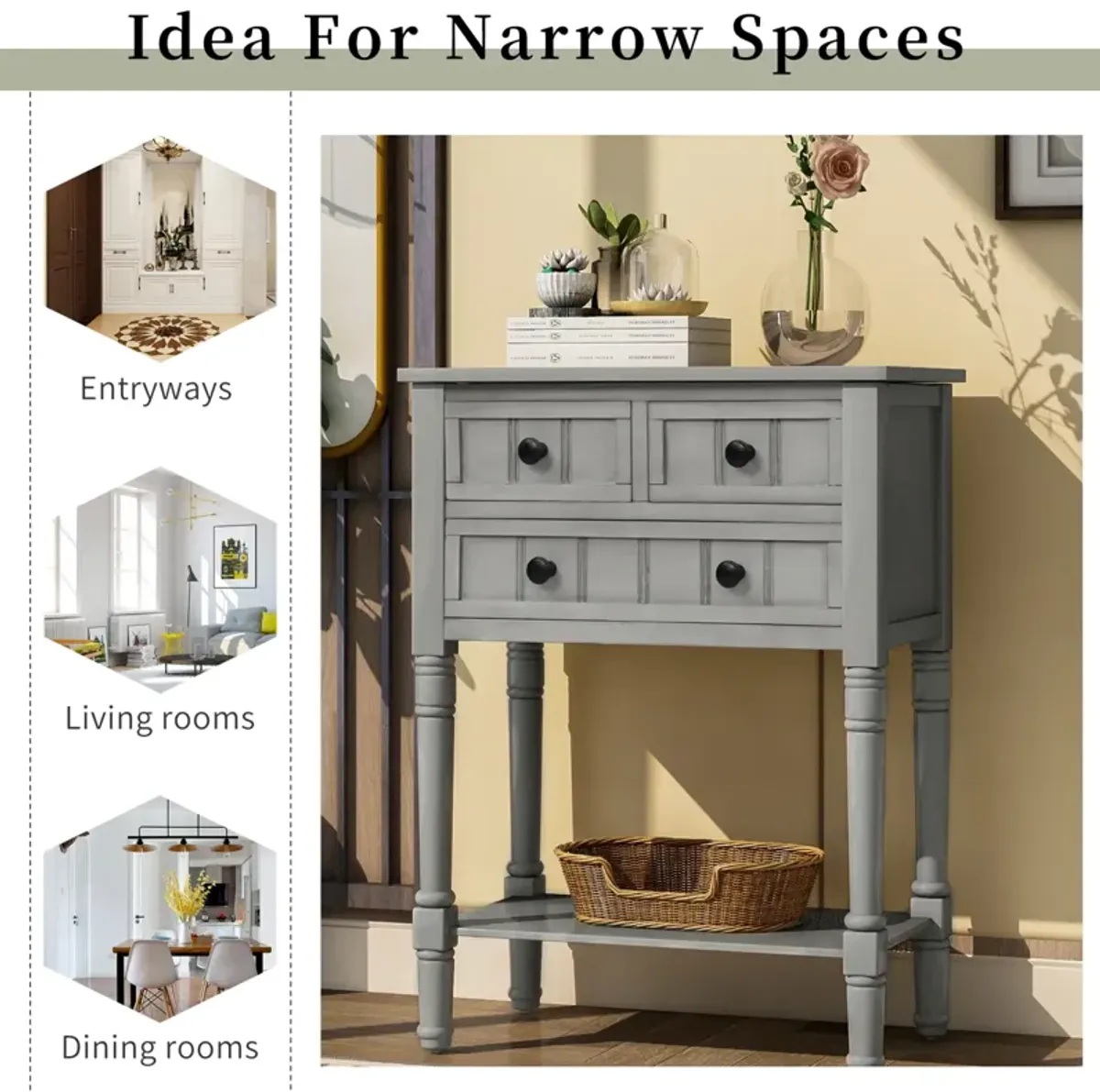 Narrow Console Table, Slim Sofa Table with Three Storage Drawers and Bottom Shelf for Living Room, Easy Assembly (Gray Wash)