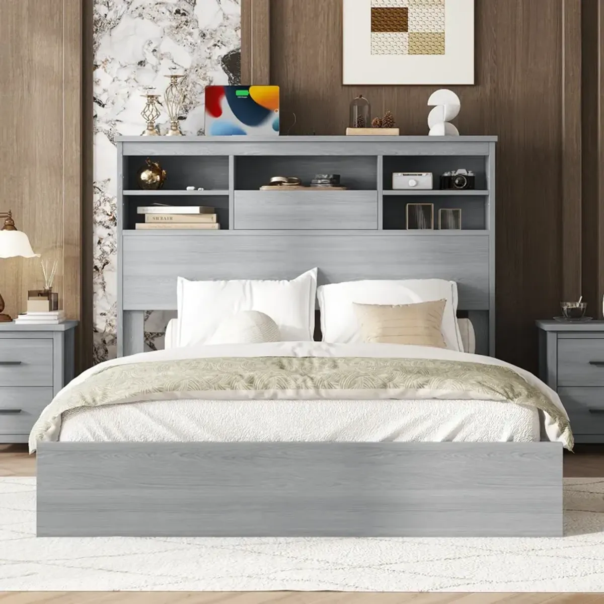 Merax Vintage Platform Bed with Storage Headboard and Charging Station