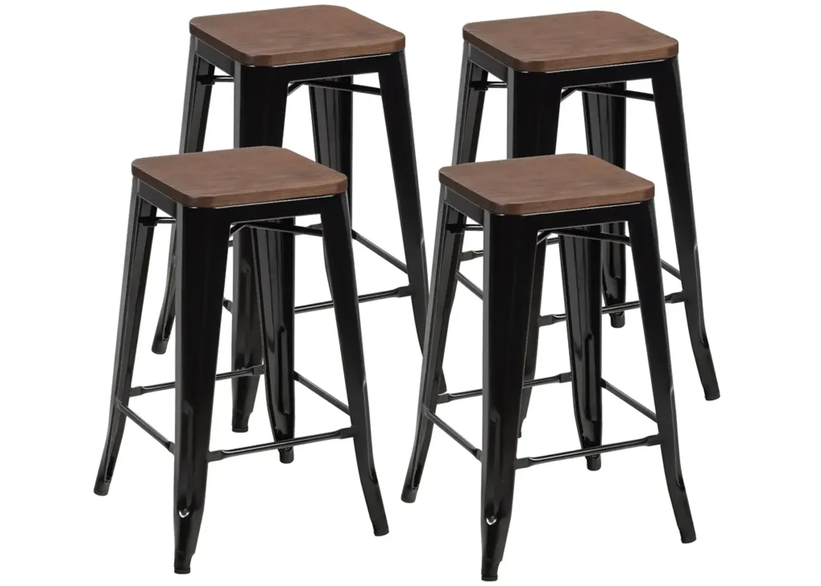 Set of 4 Counter Height Backless Barstools with Wood Seats-Black