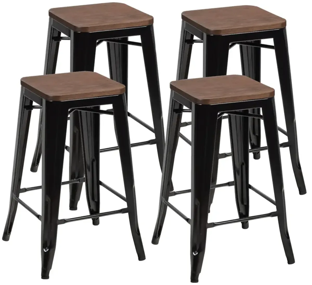 Set of 4 Counter Height Backless Barstools with Wood Seats-Black