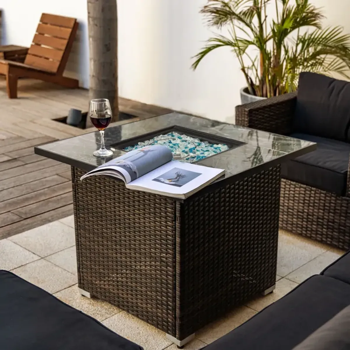 30" Outdoor Fire Table with Glass Rocks and Rain Cover