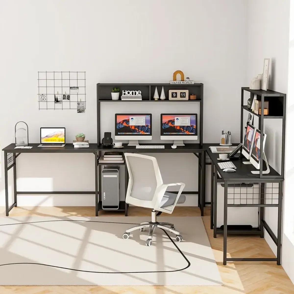 L-shaped Desk with Power Outlet Hutch