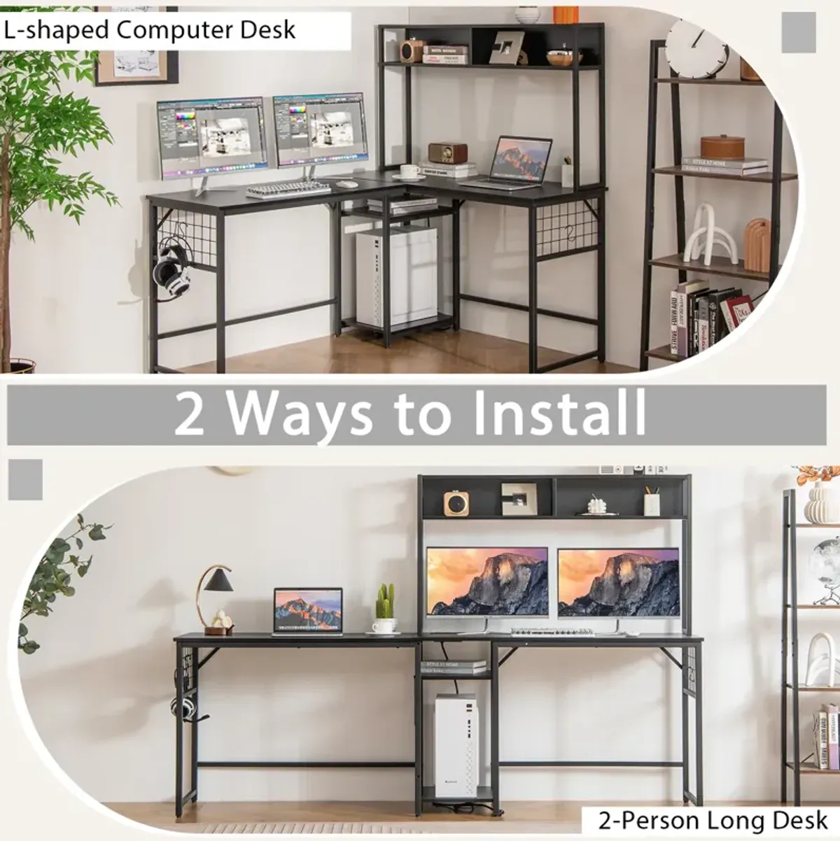 L-shaped Desk with Power Outlet Hutch