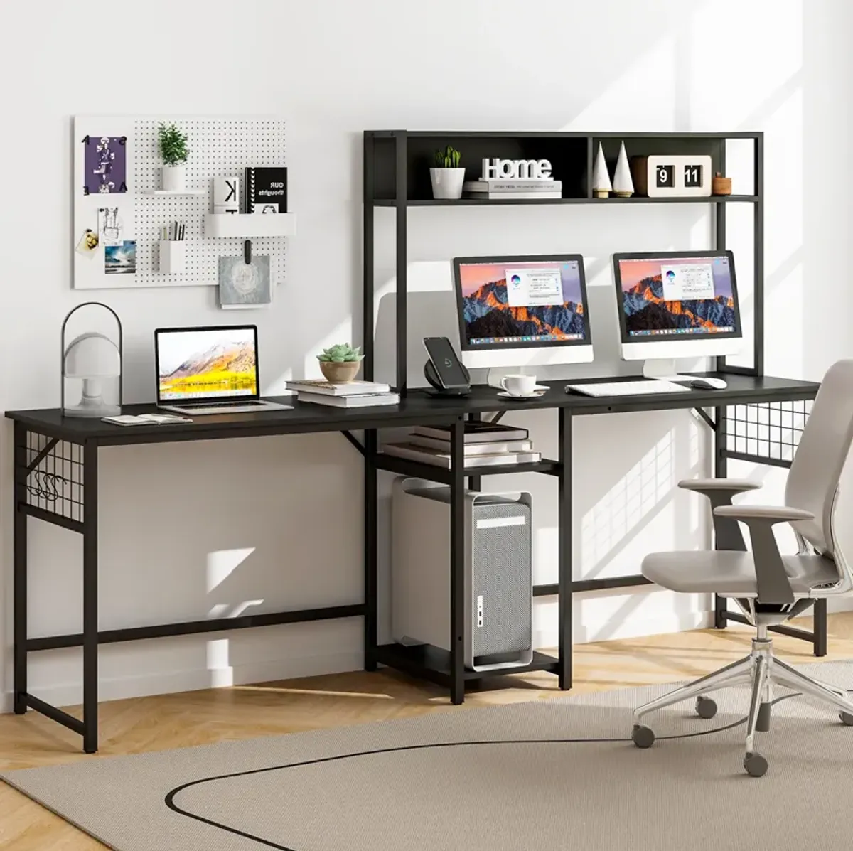 L-shaped Desk with Power Outlet Hutch