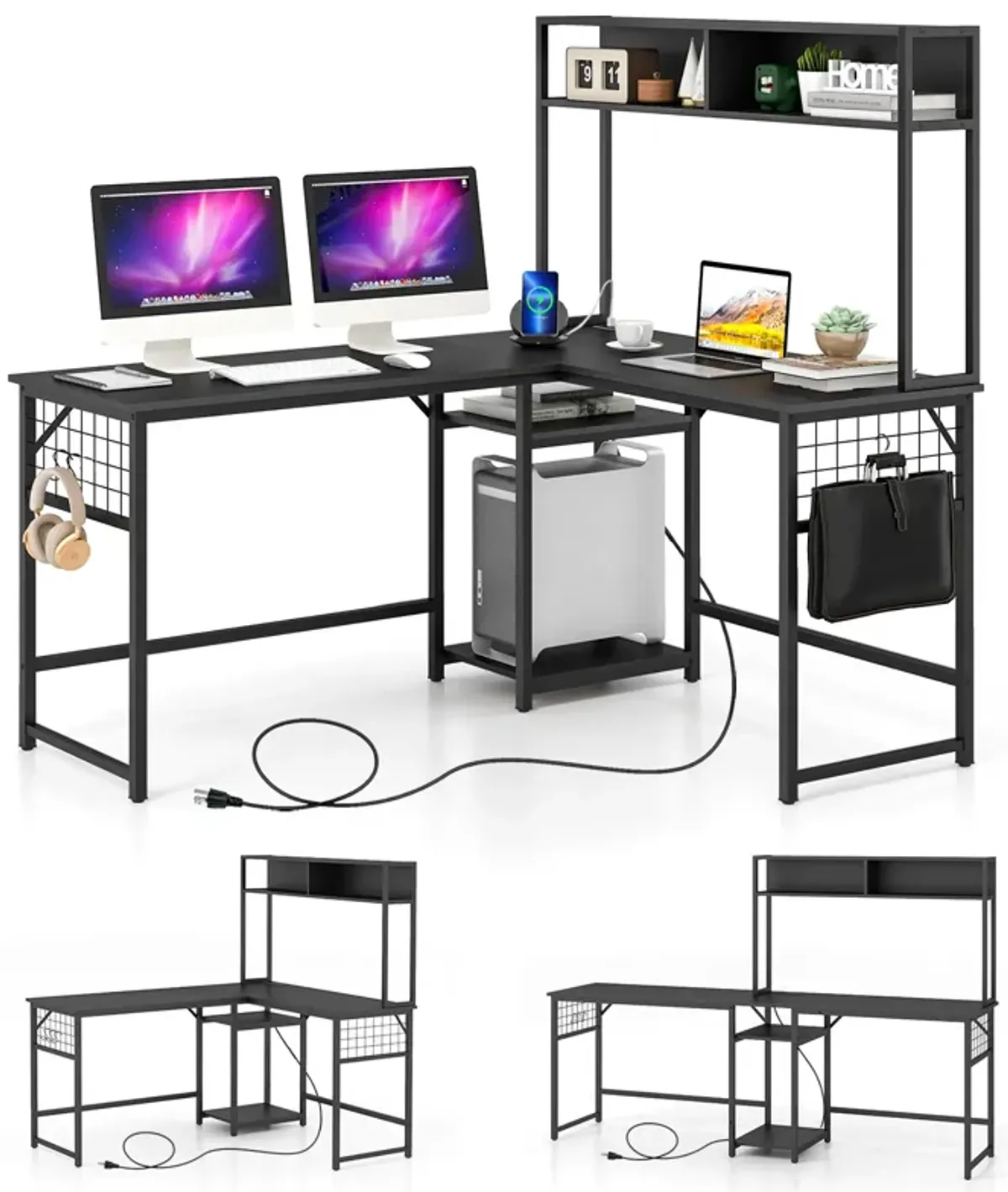 L-shaped Desk with Power Outlet Hutch