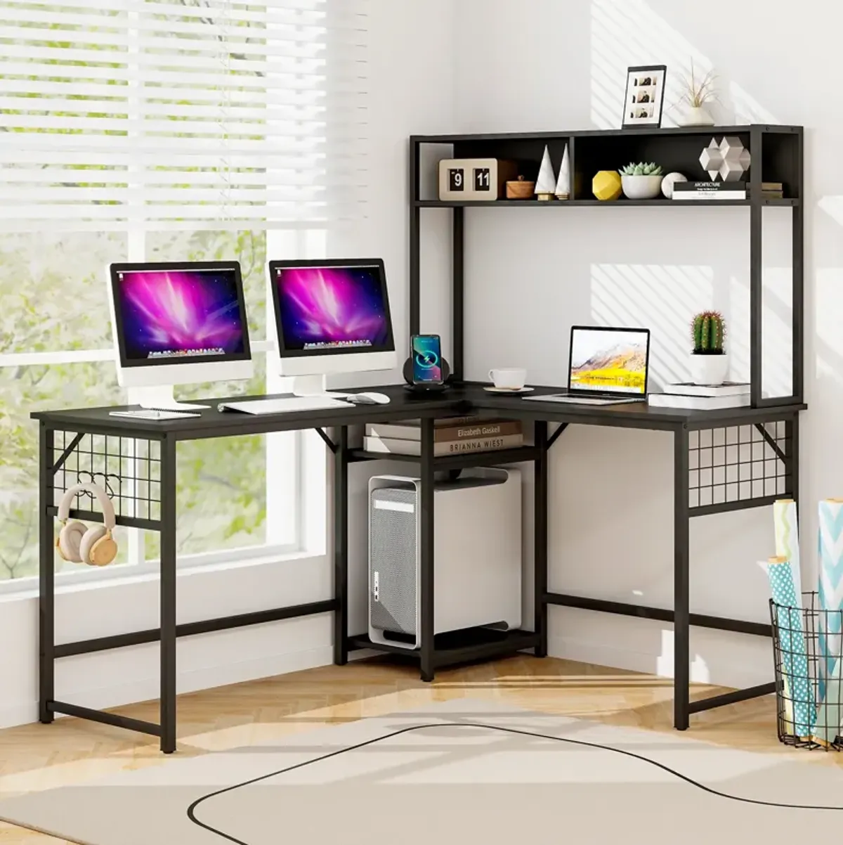 L-shaped Desk with Power Outlet Hutch