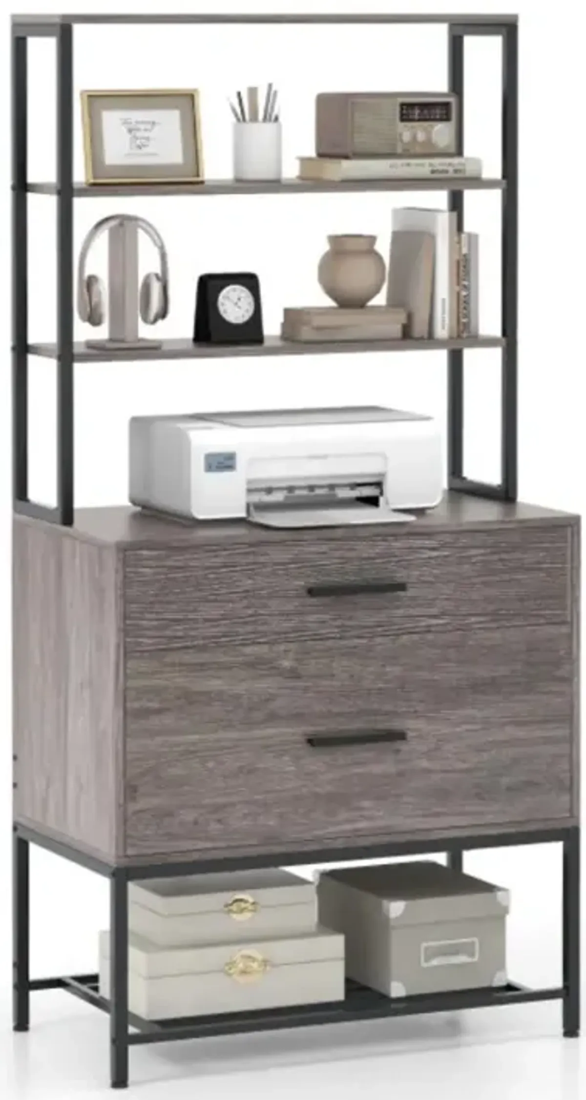 Hivvago Freestanding File Cabinet with Charging Station and 3-Tier Open Shelves