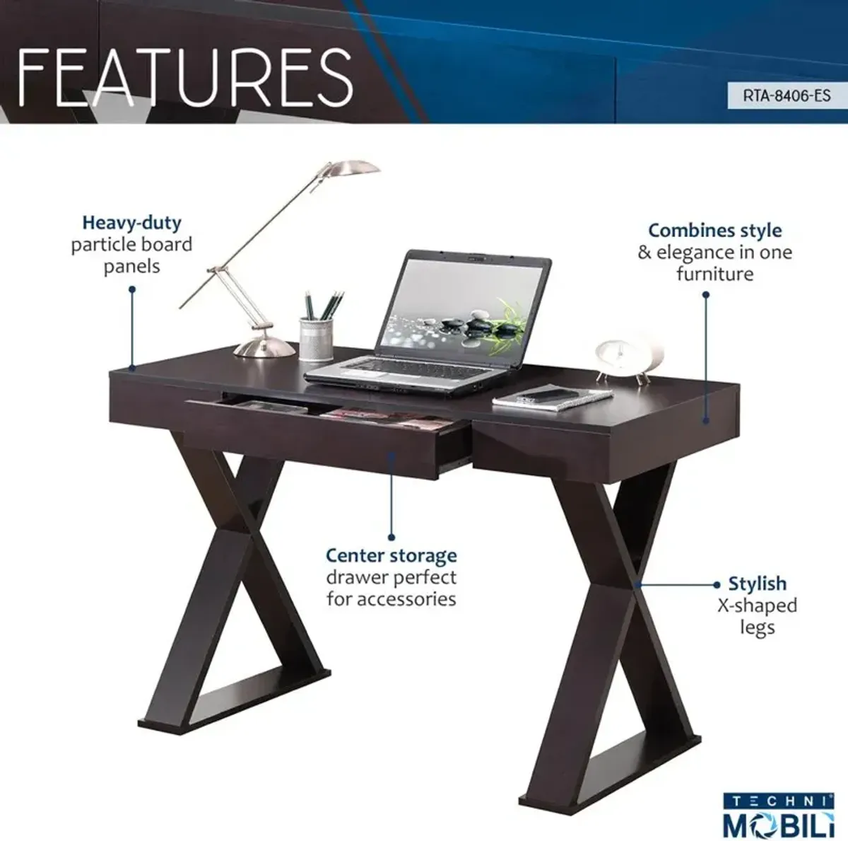 Trendy Writing Desk with Drawer. Color: Espresso