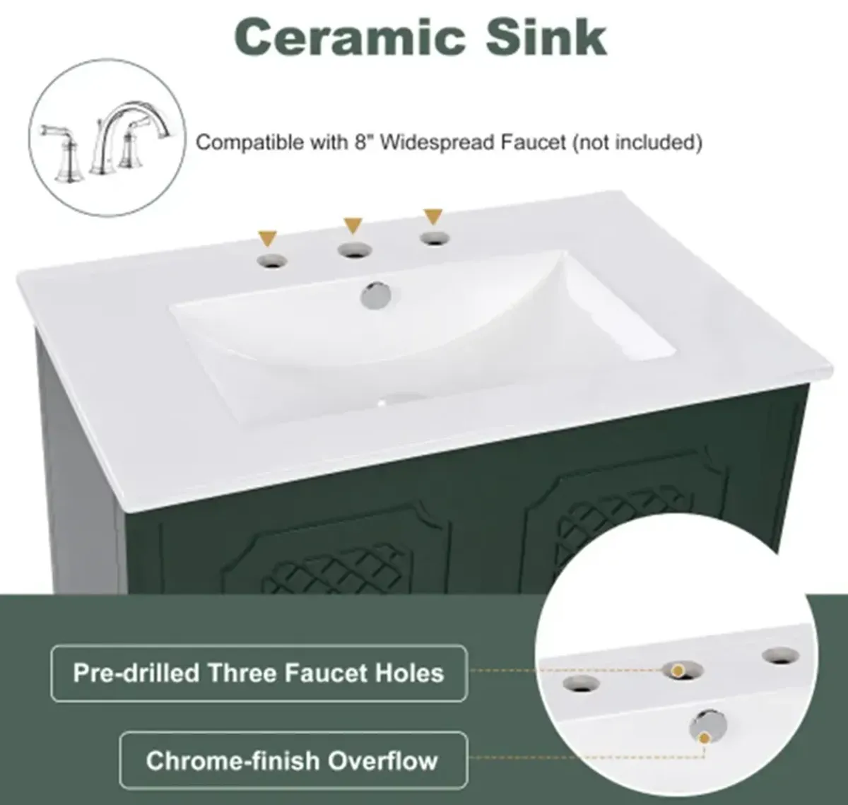 30" Bathroom Vanity with Sink Vintage Style, Multi-functional Storage Space, Door Shelf, Soft-closing Door, Dark Green