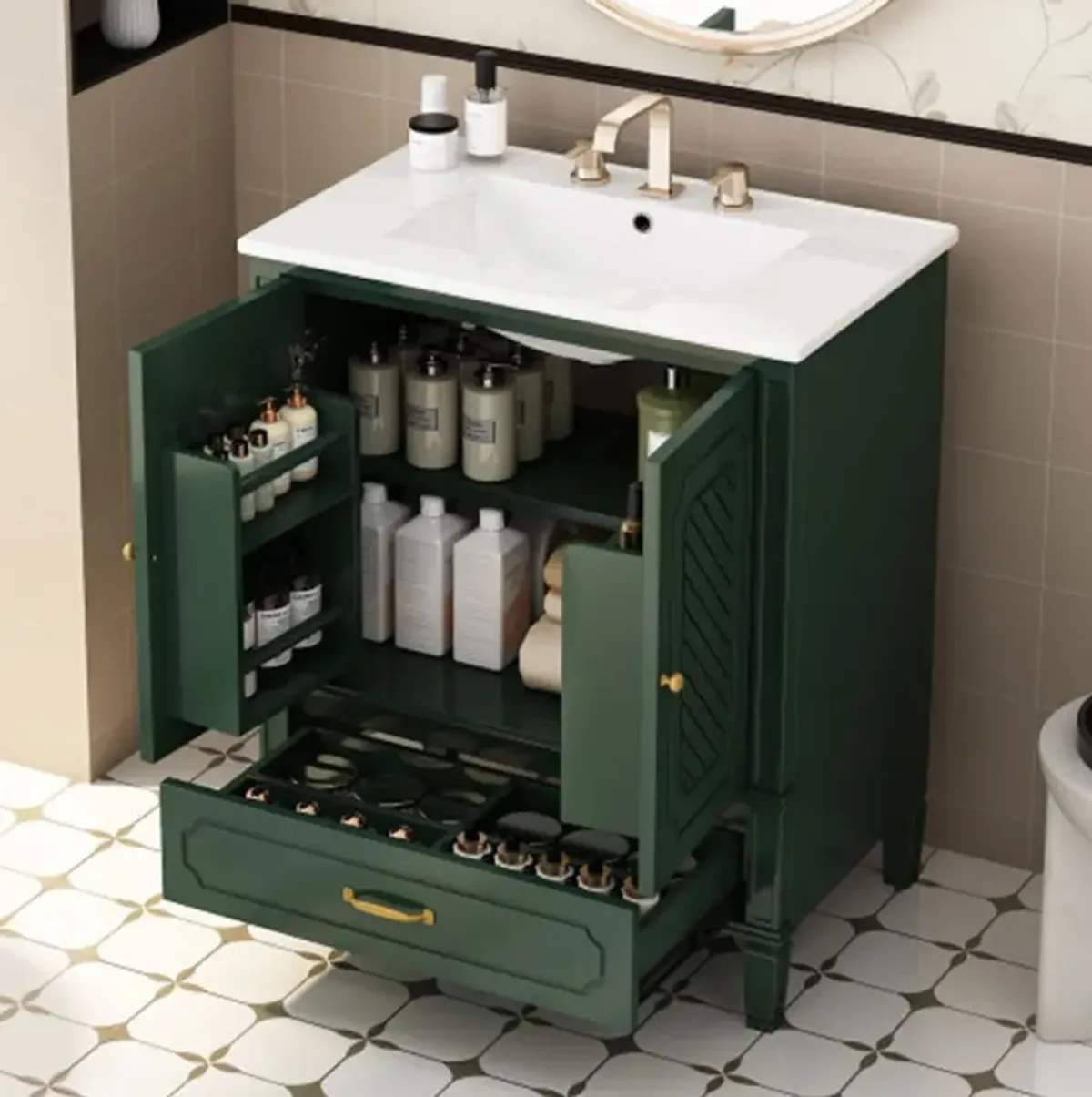 30" Bathroom Vanity with Sink Vintage Style, Multi-functional Storage Space, Door Shelf, Soft-closing Door, Dark Green