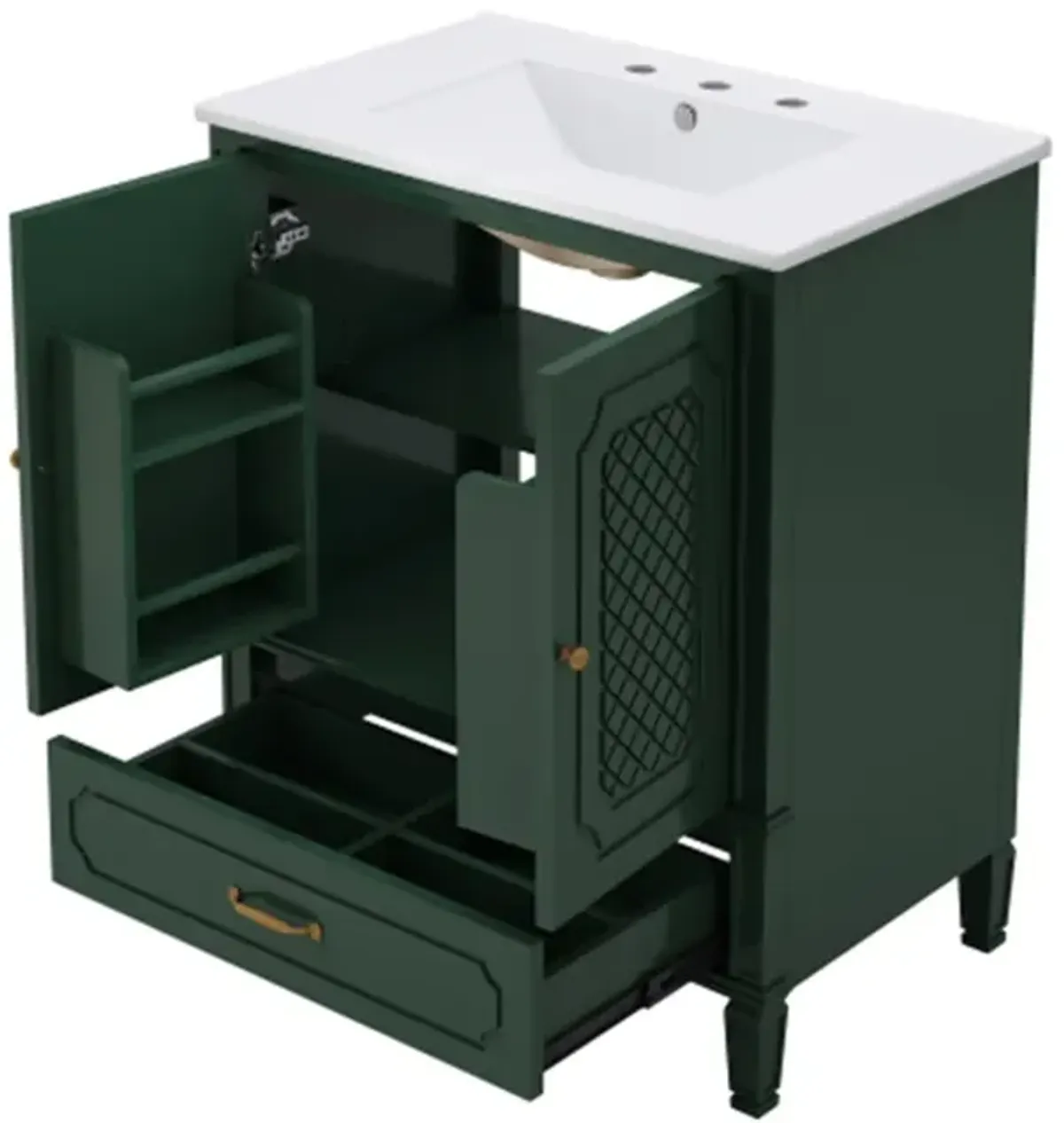 30" Bathroom Vanity with Sink Vintage Style, Multi-functional Storage Space, Door Shelf, Soft-closing Door, Dark Green