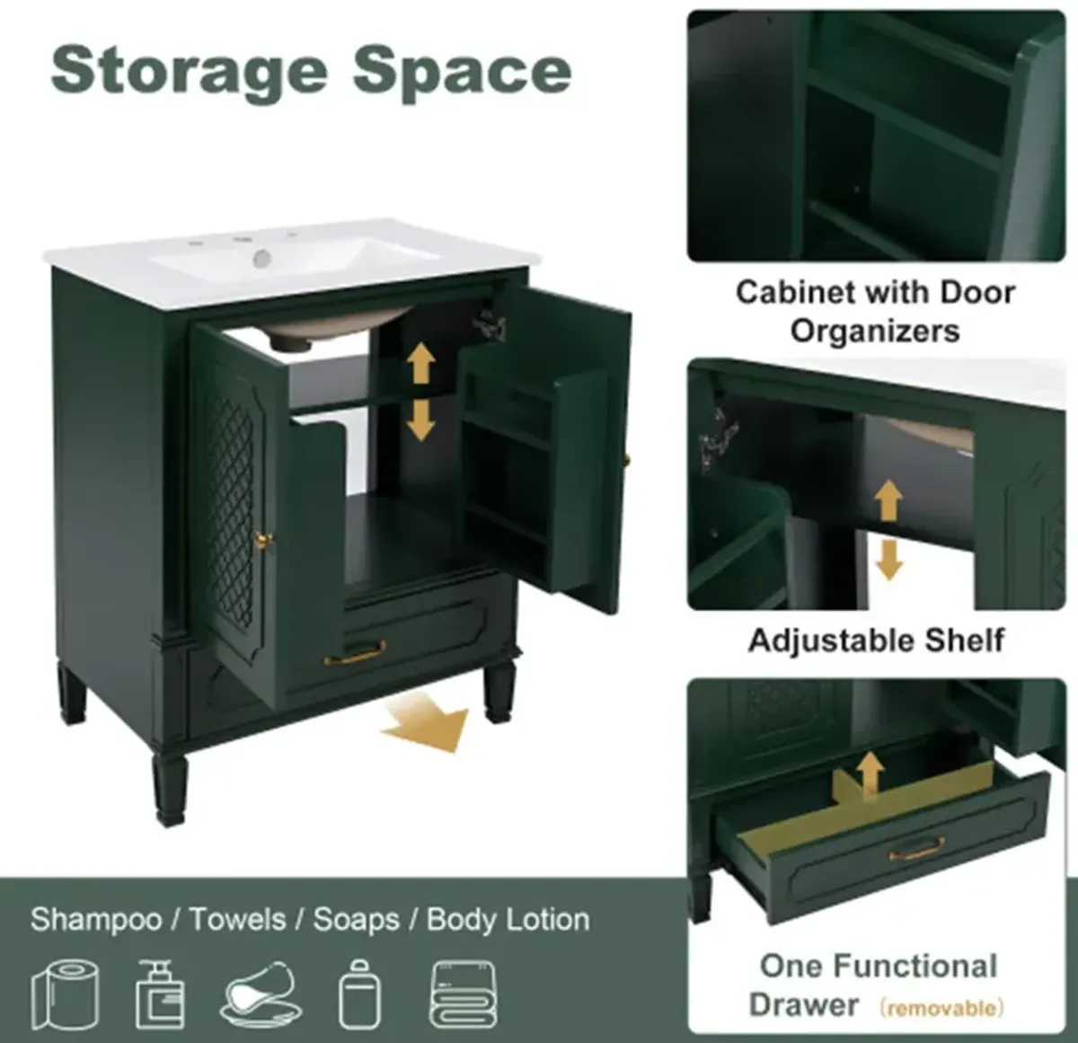 30" Bathroom Vanity with Sink Vintage Style, Multi-functional Storage Space, Door Shelf, Soft-closing Door, Dark Green