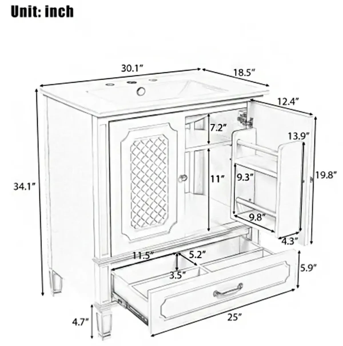 30" Bathroom Vanity with Sink Vintage Style, Multi-functional Storage Space, Door Shelf, Soft-closing Door, Dark Green