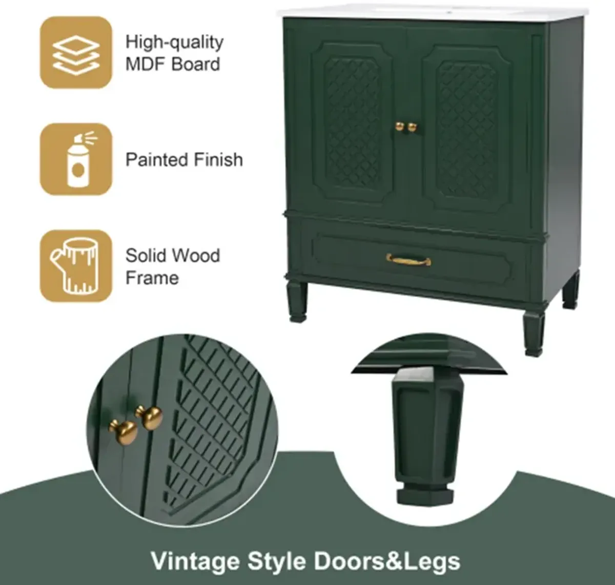 30" Bathroom Vanity with Sink Vintage Style, Multi-functional Storage Space, Door Shelf, Soft-closing Door, Dark Green