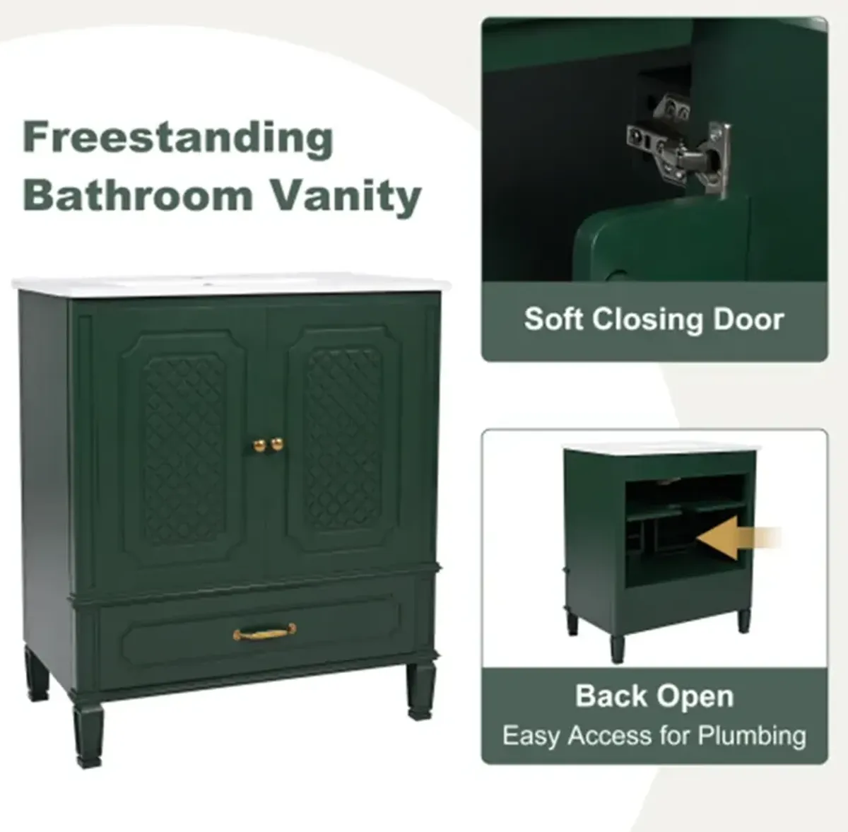 30" Bathroom Vanity with Sink Vintage Style, Multi-functional Storage Space, Door Shelf, Soft-closing Door, Dark Green