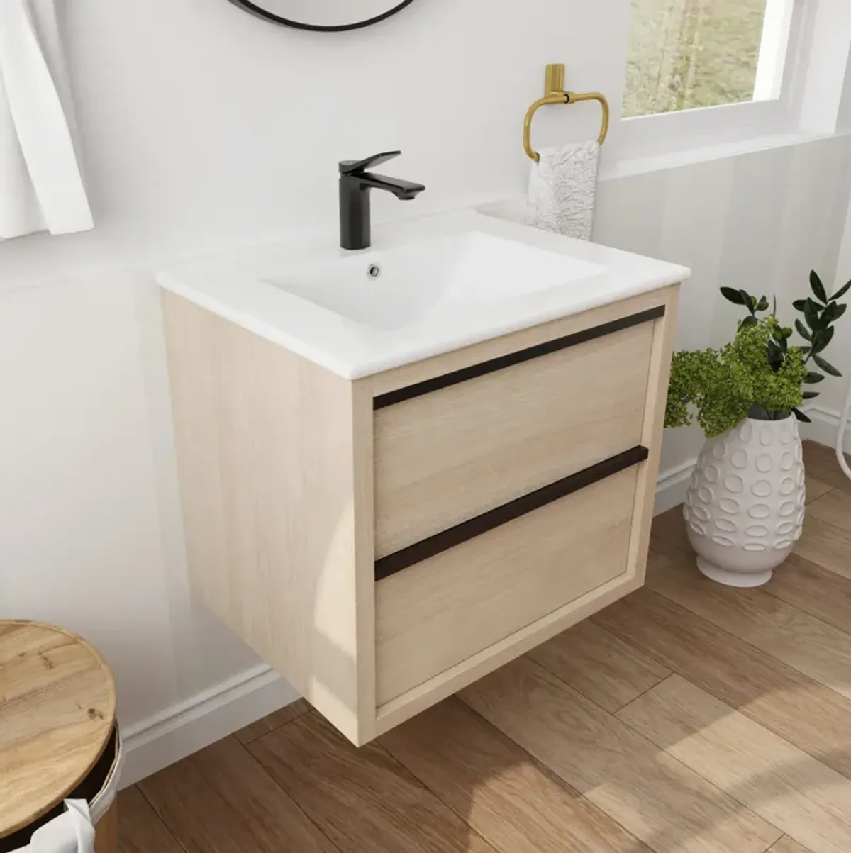 24" Bathroom Vanity With 2 Soft Close Drawers, White Ceramic Basin