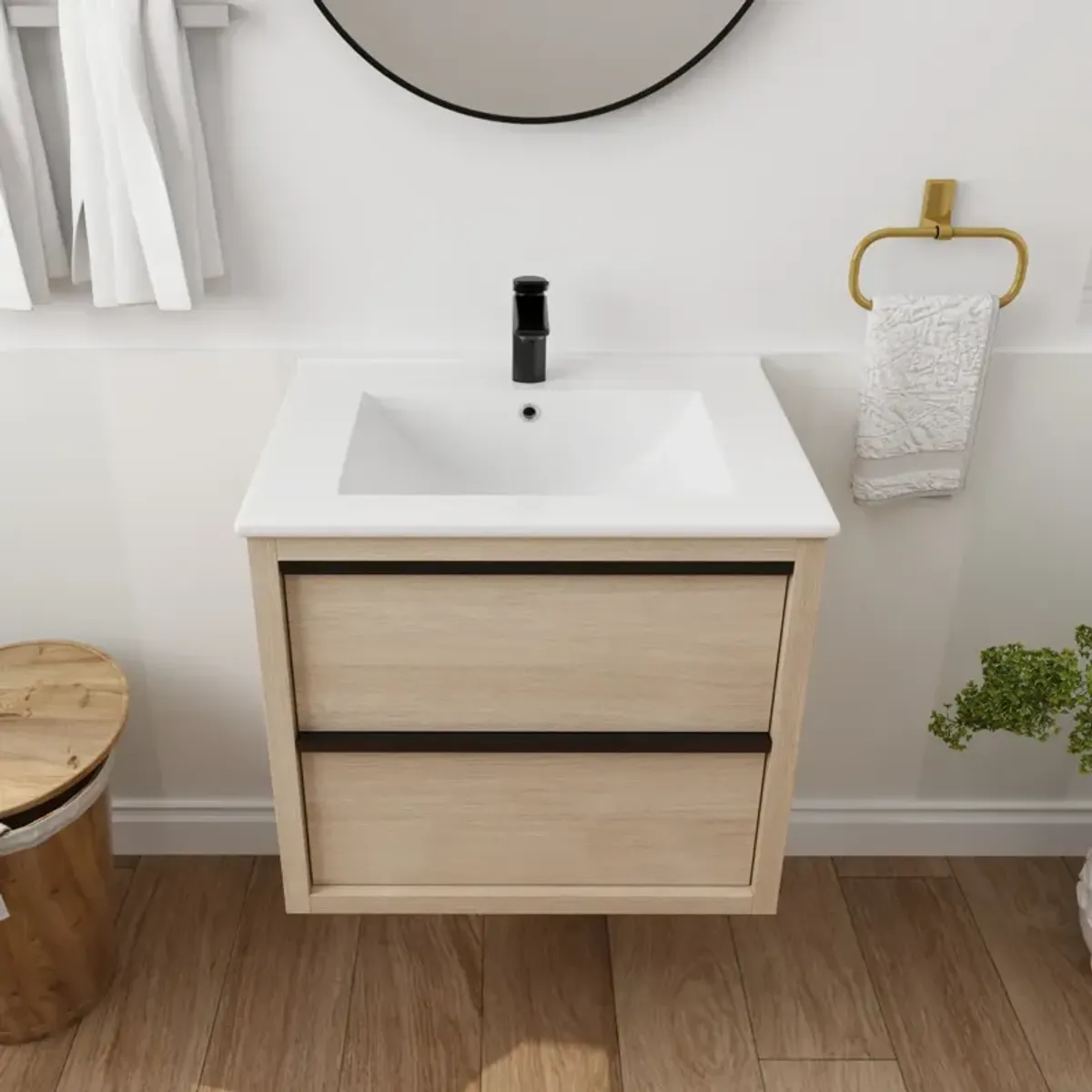 24" Bathroom Vanity With 2 Soft Close Drawers, White Ceramic Basin