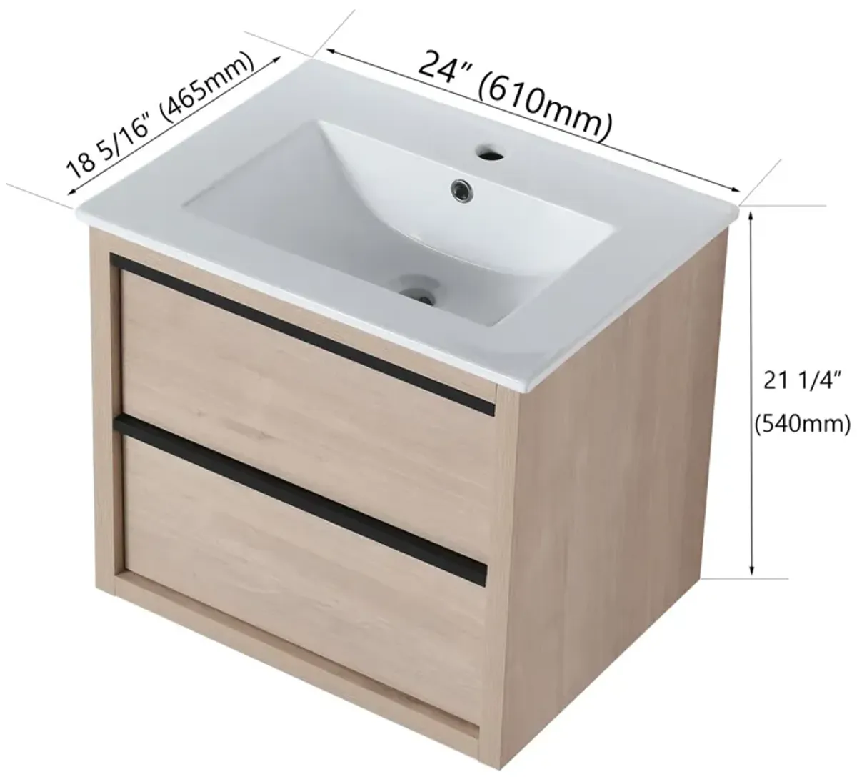 24" Bathroom Vanity With 2 Soft Close Drawers, White Ceramic Basin