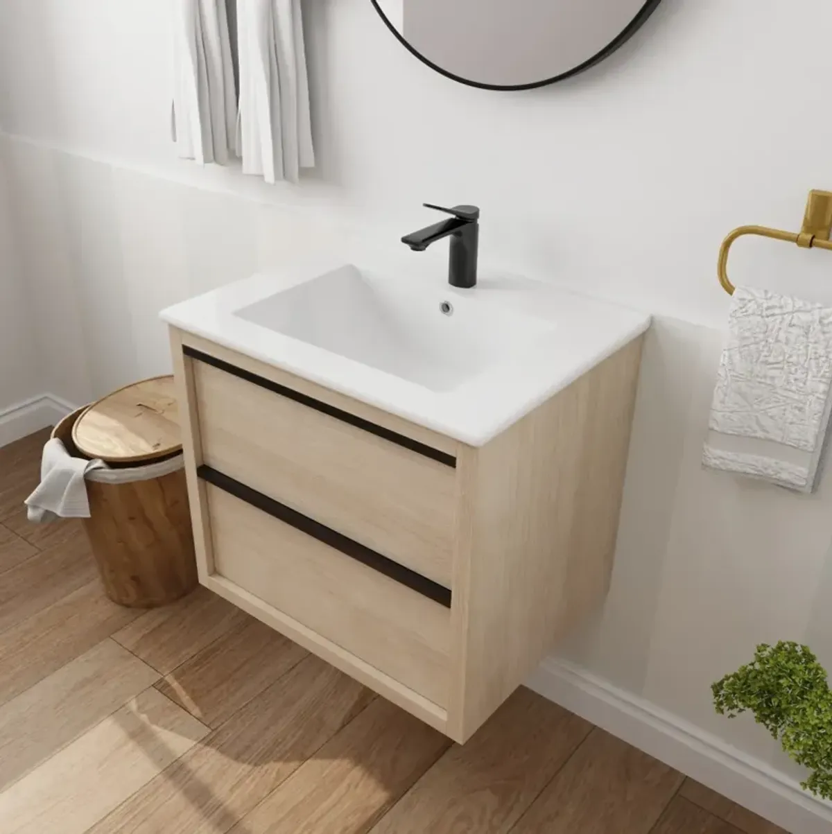 24" Bathroom Vanity With 2 Soft Close Drawers, White Ceramic Basin