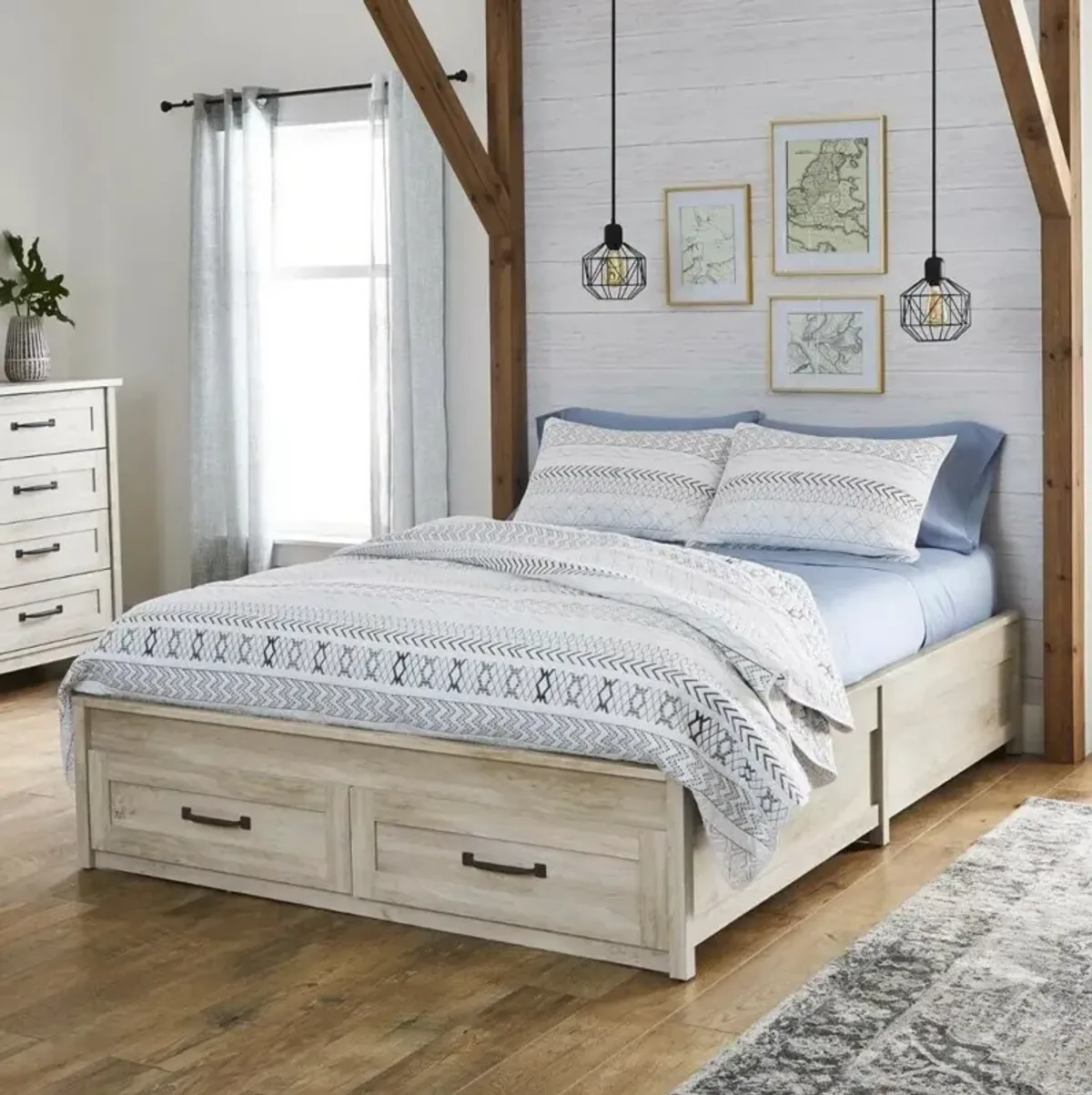 Hivvago Queen Farmhome Platform Bed with Storage Drawers in Off White Wood Finish