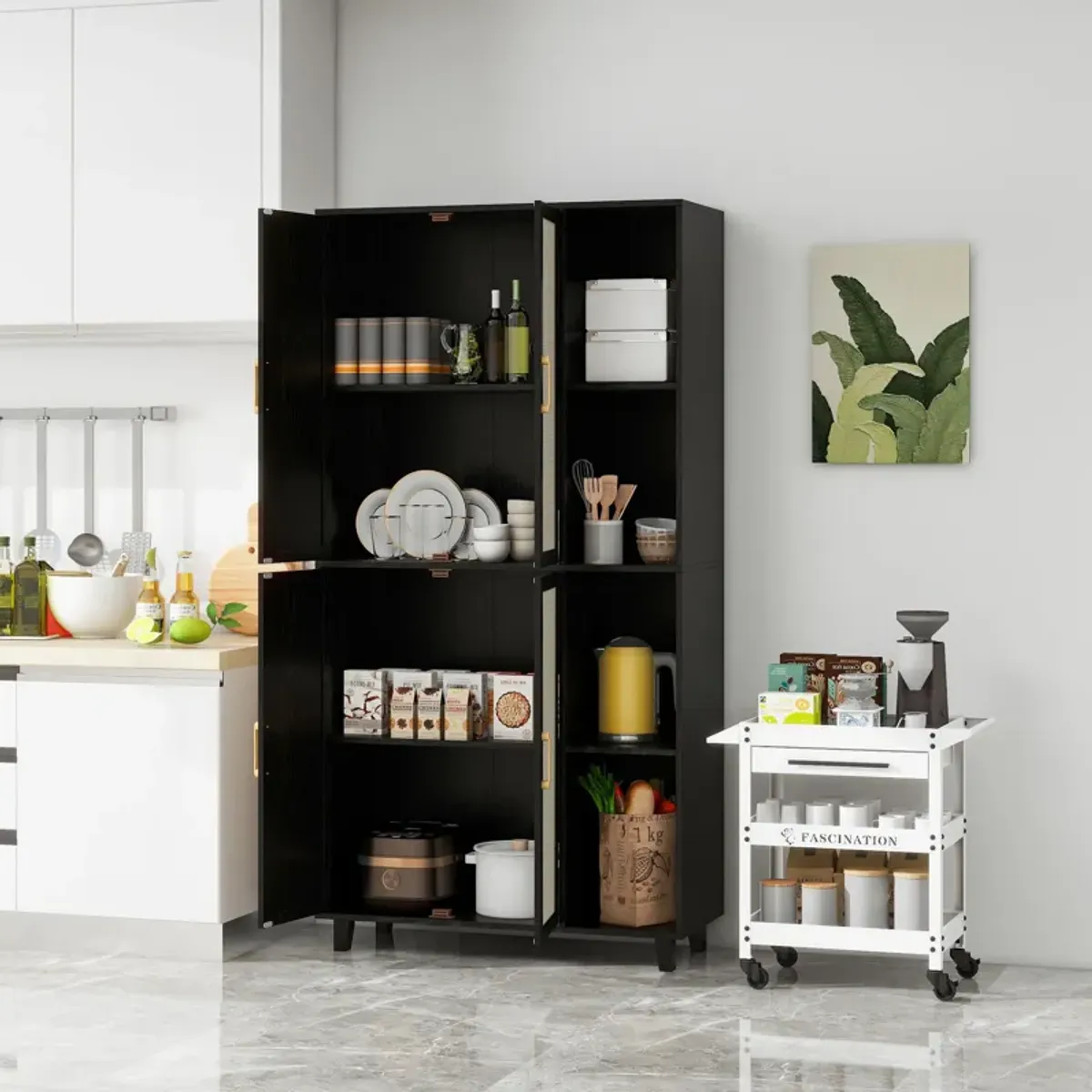 MONDAWE 4 Door Cabinet with 4 Adjustable Inner Shelves, Tall Engineered Rattan Storage Cabinet