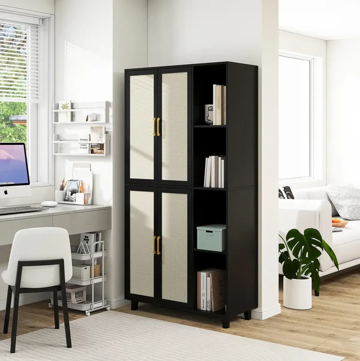 MONDAWE 4 Door Cabinet with 4 Adjustable Inner Shelves, Tall Engineered Rattan Storage Cabinet