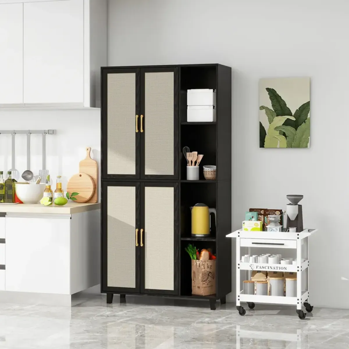 MONDAWE 4 Door Cabinet with 4 Adjustable Inner Shelves, Tall Engineered Rattan Storage Cabinet