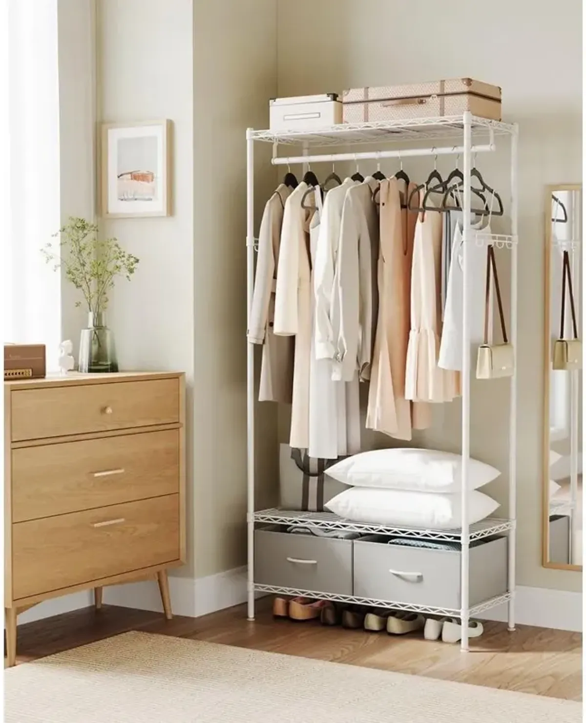 Clothes Rack with Mesh Shelf and Drawers