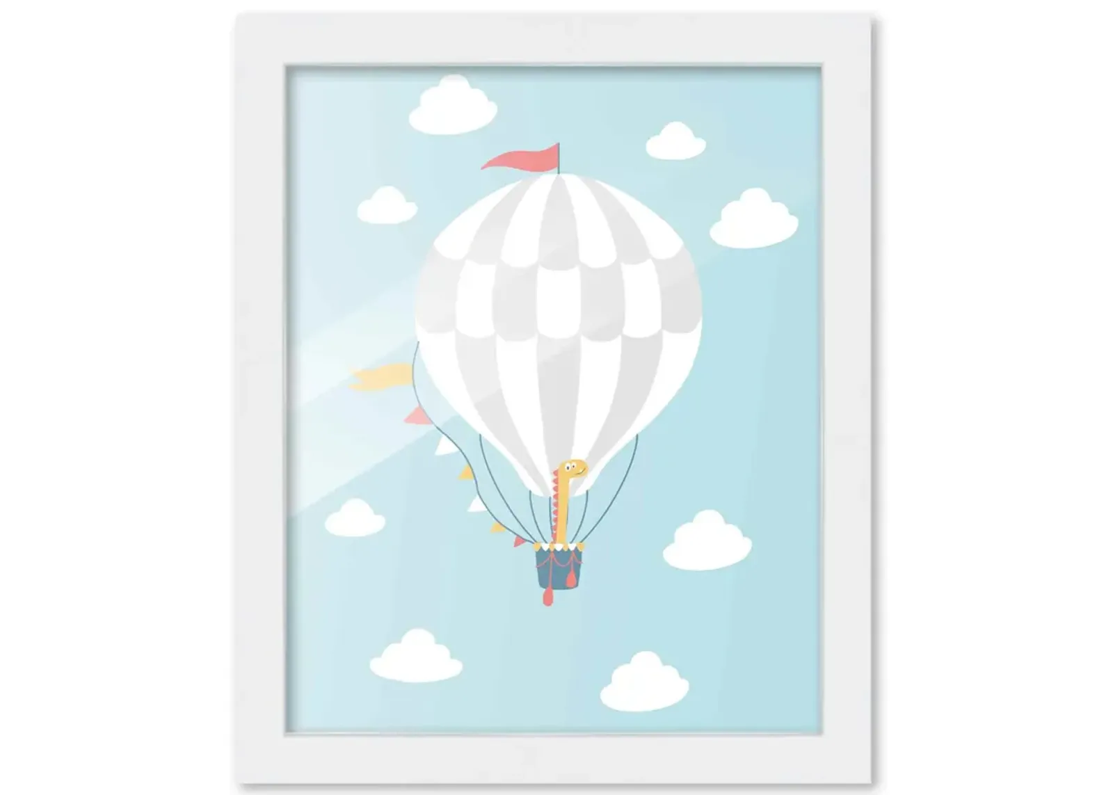 8x10 Framed Nursery Wall Art Dinosaur Hot Air Balloon Poster in White Wood Frame For Kid Bedroom or Playroom