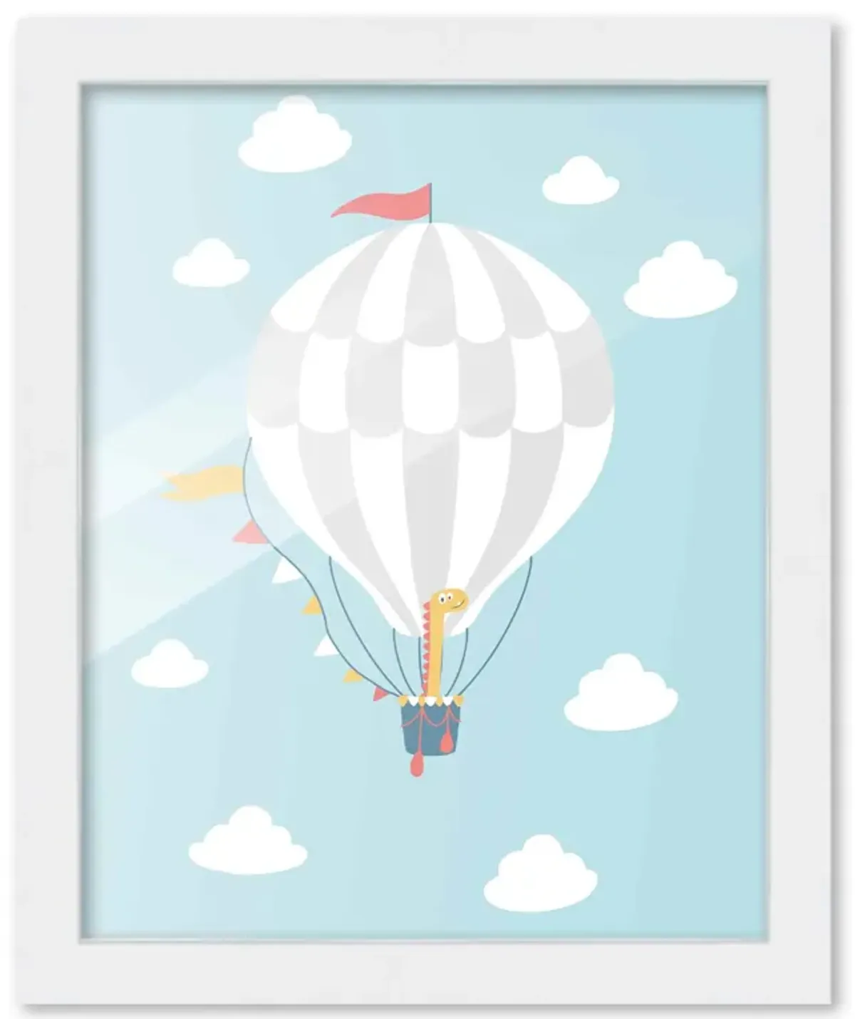 8x10 Framed Nursery Wall Art Dinosaur Hot Air Balloon Poster in White Wood Frame For Kid Bedroom or Playroom