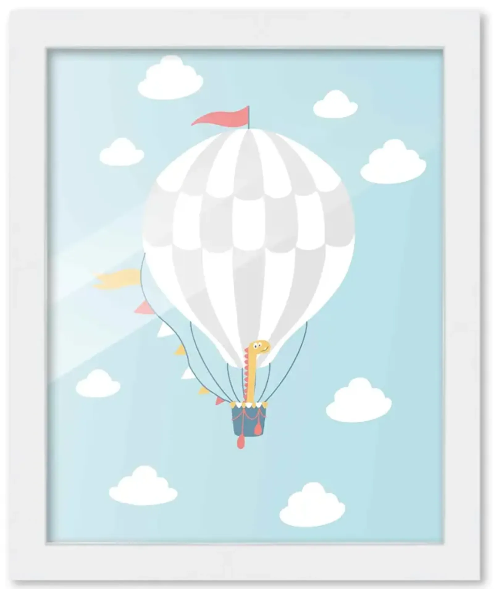 8x10 Framed Nursery Wall Art Dinosaur Hot Air Balloon Poster in White Wood Frame For Kid Bedroom or Playroom