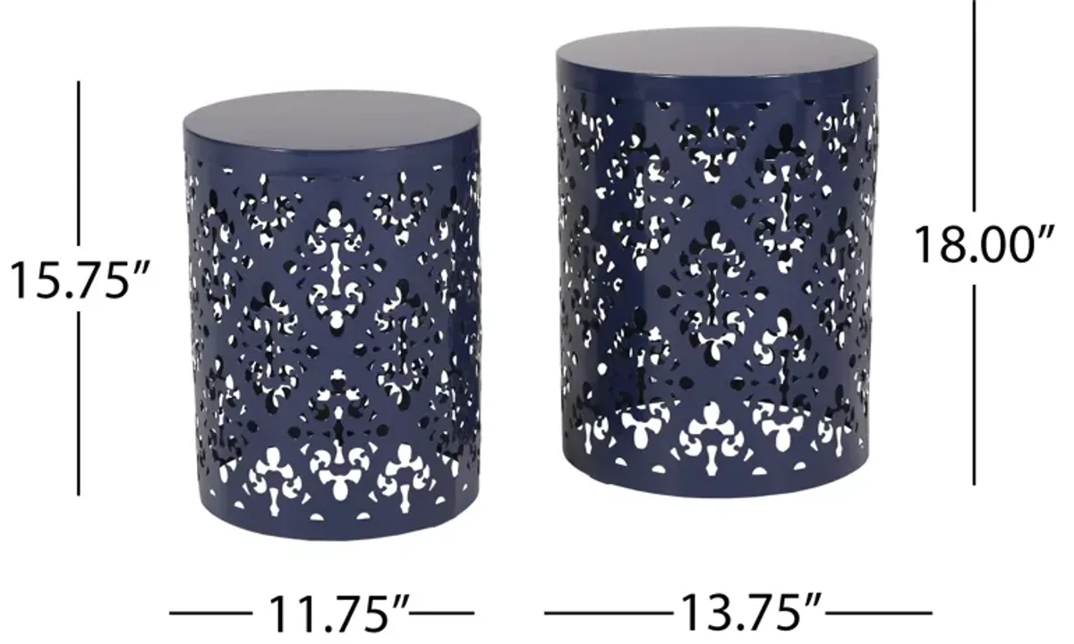 Kemo Outdoor End Table Set of 2, Round Top, Cutout Design, Navy Blue - Benzara