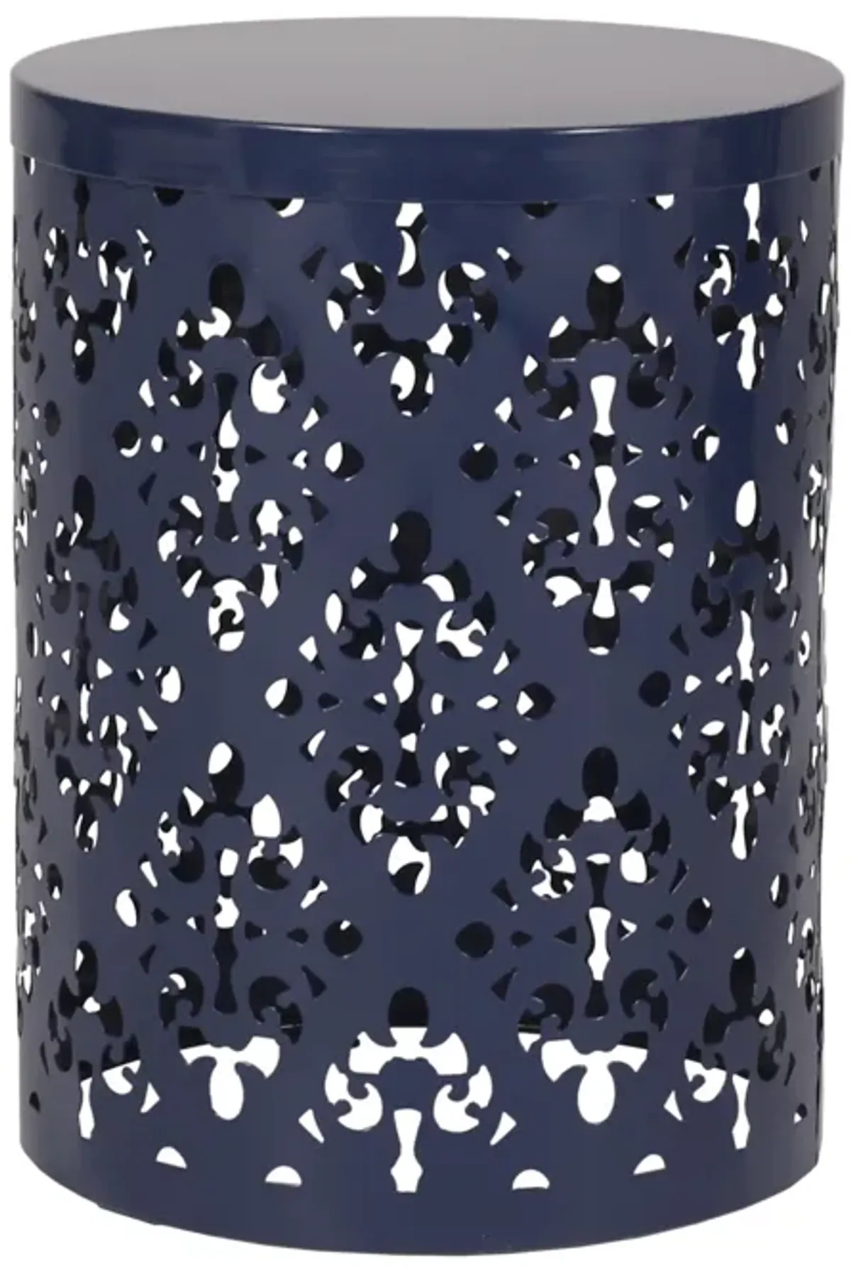 Kemo Outdoor End Table Set of 2, Round Top, Cutout Design, Navy Blue - Benzara