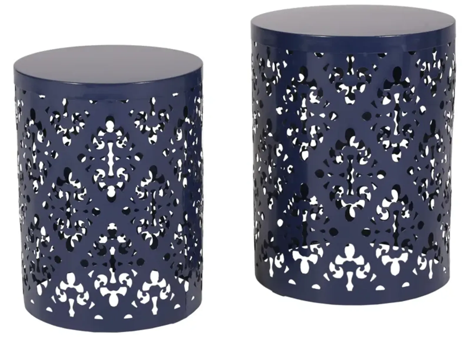 Kemo Outdoor End Table Set of 2, Round Top, Cutout Design, Navy Blue - Benzara