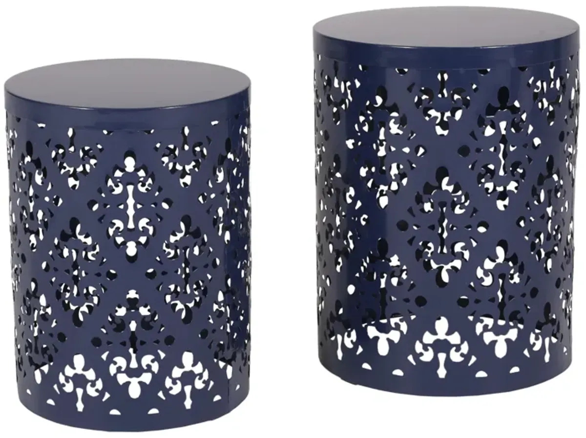 Kemo Outdoor End Table Set of 2, Round Top, Cutout Design, Navy Blue - Benzara