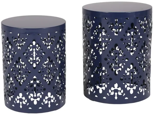 Kemo Outdoor End Table Set of 2, Round Top, Cutout Design, Navy Blue - Benzara