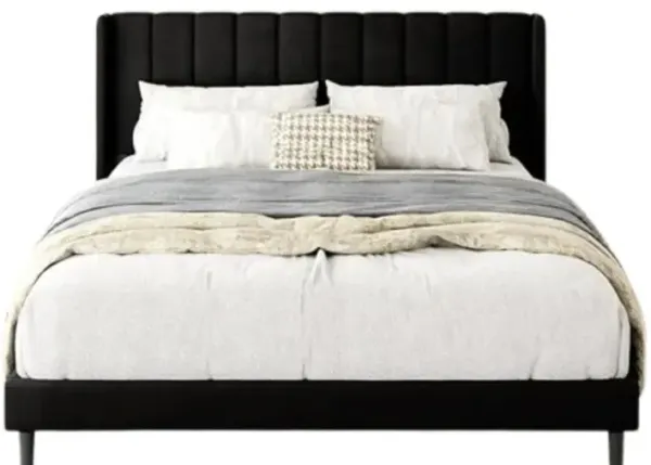 Queen Size Bed Frame With Upholstered Wingback Headboard, Easy Assemnly Platform Bed, Wooden Slat Support No Box Spring Needed, Black Velvet
